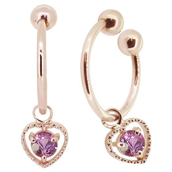 フープイヤリング ハート 10k イヤーカフ 揺れる レディース ピンクサファイア ピンク イエロー 両耳【受注生産の為8～10営業日程度で発送】