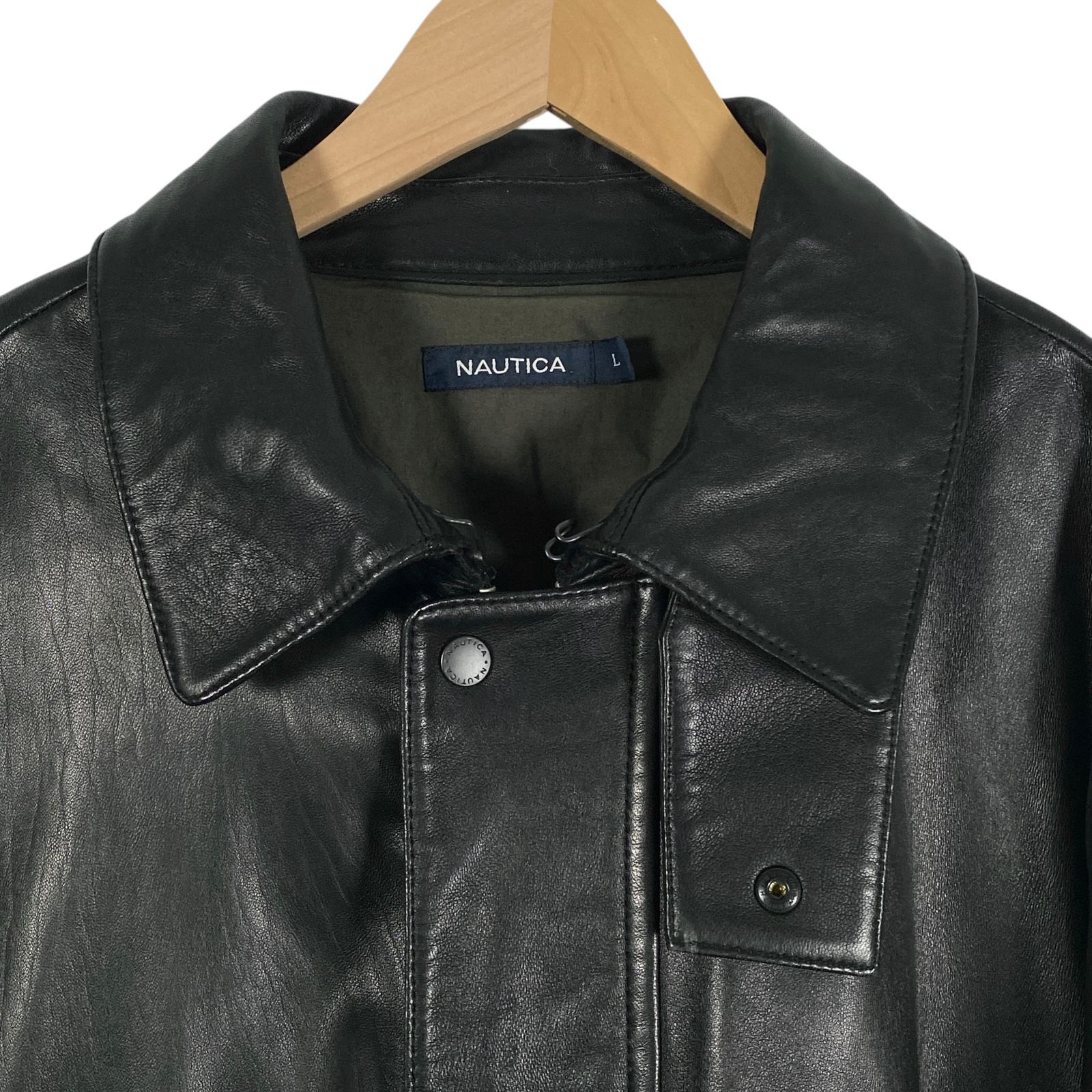 希少 NAUTICA ノーティカ レザーコート ジャケット 本革 ロゴ 黒 