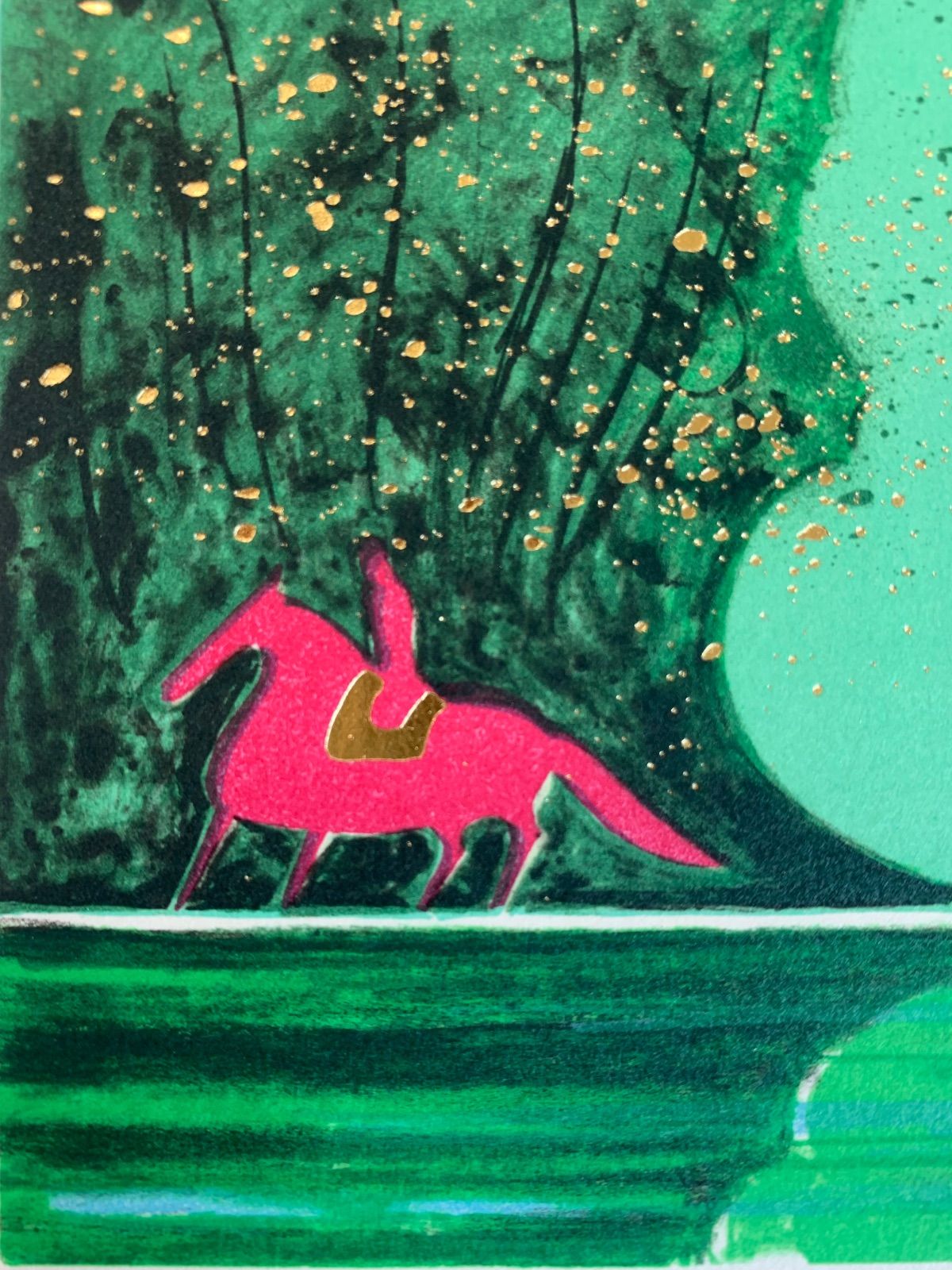 セルジュ・ラシス「三色の駿馬」リトグラフ　箔押し　作家直筆サイン　版画　馬　乗馬 セルジュ・ラシス「三色の駿馬」リトグラフ 箔押し 作家直筆