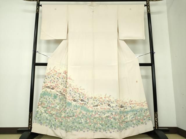 訪問着 フルセット 着物 正絹 加賀友禅 花 金 刺繍 枝葉 青緑 虫食い