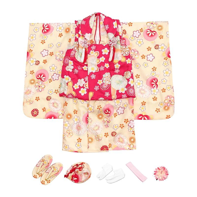 KYOETSU キョウエツ 着物セット 七五三用 3歳用 被布セット 華やかC 9点セット 柄被布 柄着物 伊達衿 長襦袢 髪飾り 巾着 草履 腰紐 足袋 ガールズ ワンサイズ 11 花々のしらべ 0