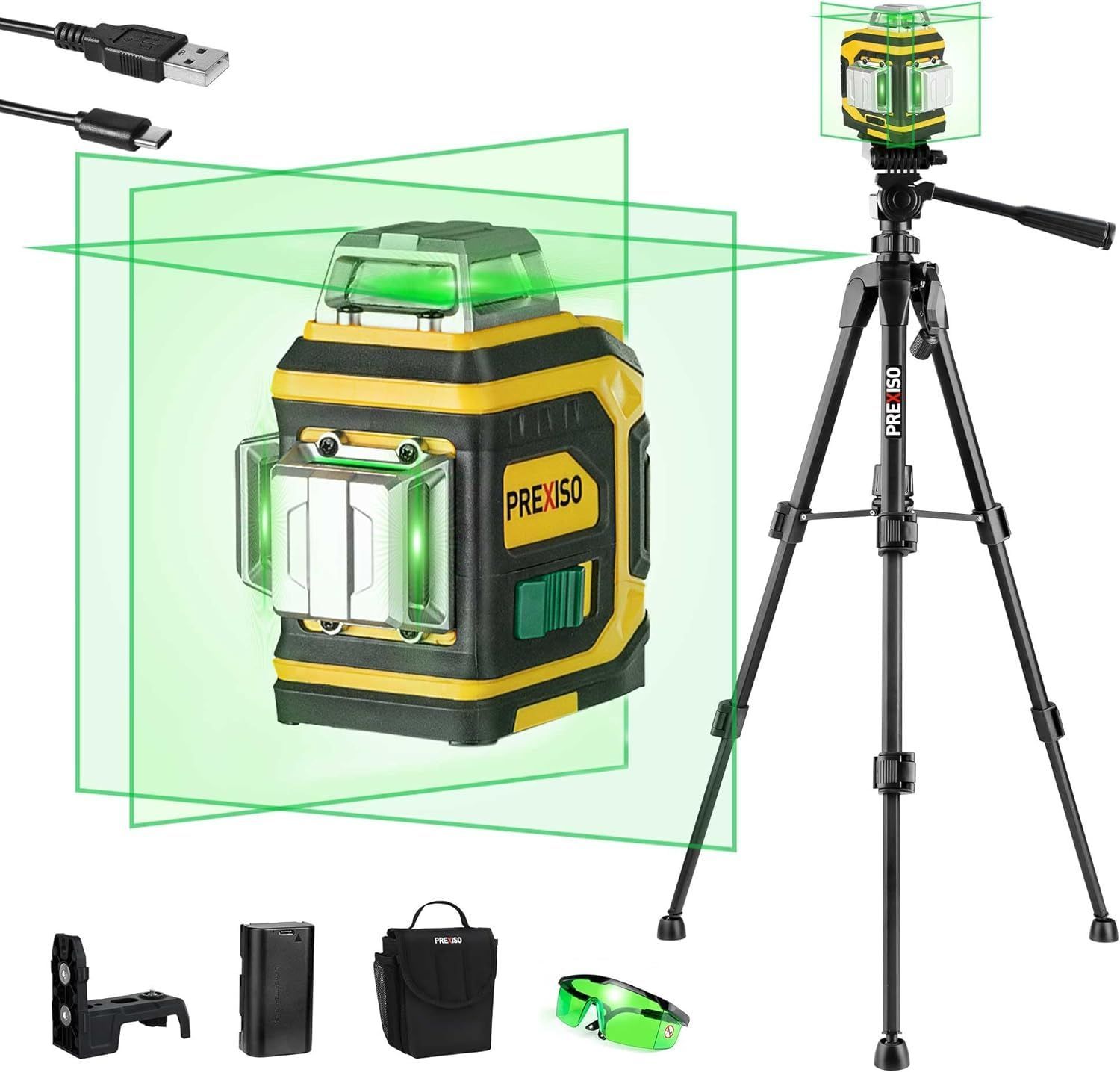 PREXISO レーザー墨出し器 レーザーレベル グリーンレーザー 回転レーザー線 3x360° 水平器 12ライン 収納袋 グリーンレーザーメガネ マグネットベース 三脚付き 自動補正 高精度 Type-C充電式 壁に棚 自宅の修繕 建築現場 DIY用