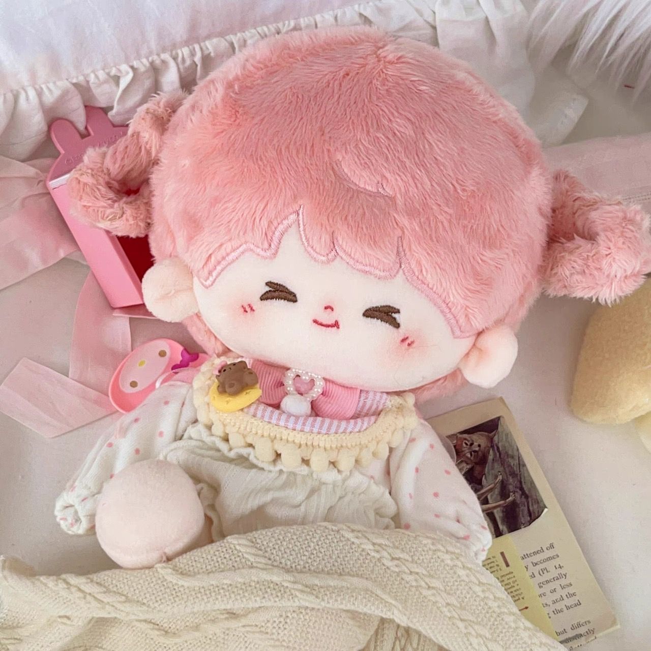 10cm】 ぬい服 かわいい ピンク チェック柄のスタイ 着ぐるみ服