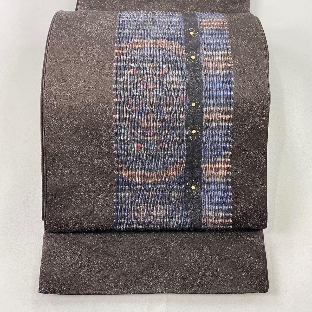袋帯 美品 秀品 丸文 花 銀通し 絞り 焦茶色 お太鼓柄 正絹 袋帯 美品 秀品 丸文 花 銀通し 絞り 焦茶色 お太鼓柄 正絹