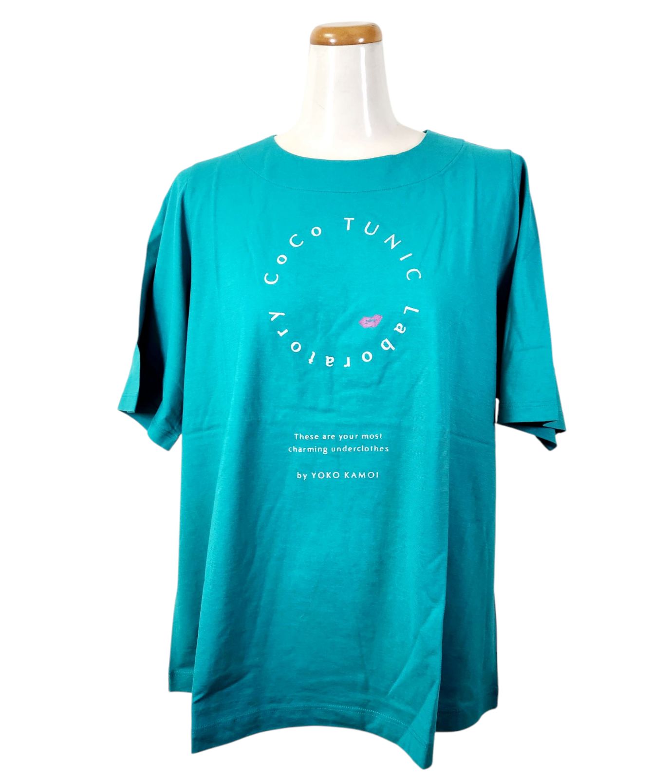 春物入荷 鴨居羊子 TUNIC 5分袖Ｔシャツ サークル無地 綿100％ エメラルドグリーン色