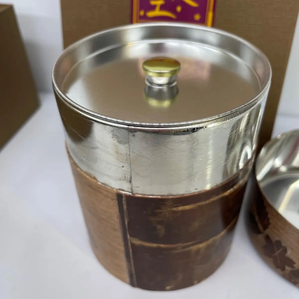 【未使用品】桜皮細工の茶筒♪2つセット 桜皮細工 茶筒2個 茶さじ1個 お盆