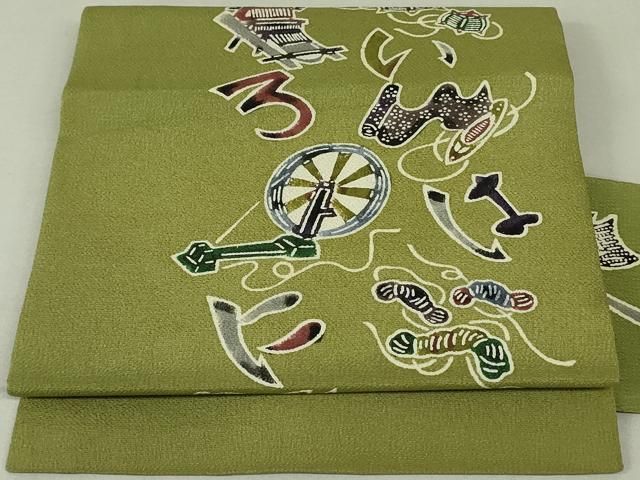 平和屋着物○九寸名古屋帯 型染め いろは歌 鬼しぼ縮緬 正絹 逸品  