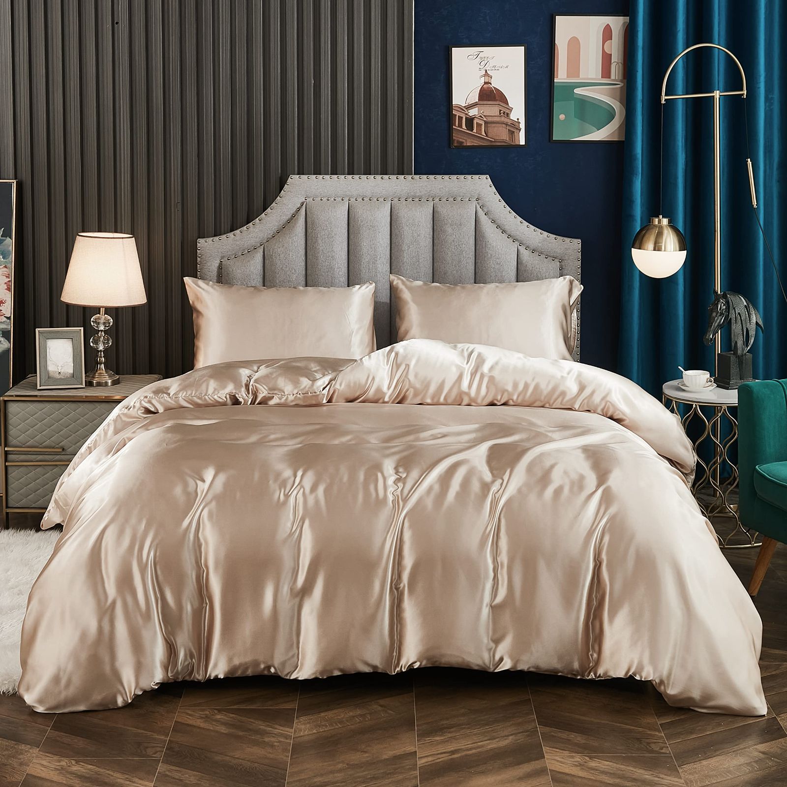 【最短発送】GraceVally 掛け布団カバー 4点セット セミダブル おしゃれ 寝具カバーセット 冷感 かけ布団カバー ツルツル ふとんかばー ボックスシーツ 光沢 シルク 無地 通気吸湿 ゴールドピ