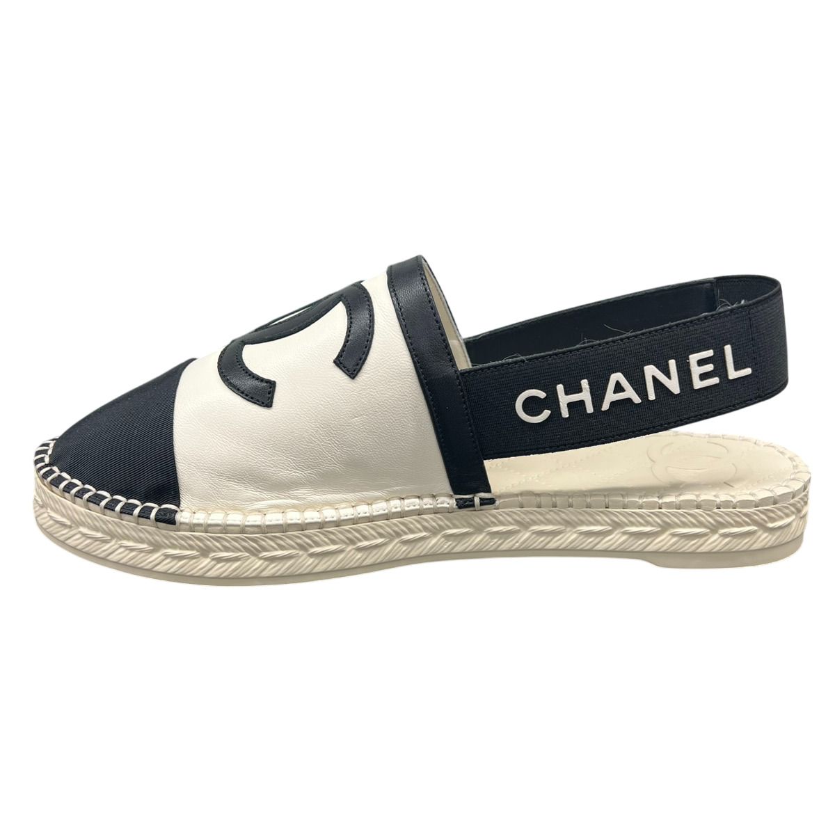♥品 CHANEL シャネル サンダル ココマーク ロゴ エスパドリーユ G34817 サイズ38 日本サイズ24cm前後 レザー ホワイト ブラック 靴 シューズ SAランク 鑑定済 シャネルサンダル