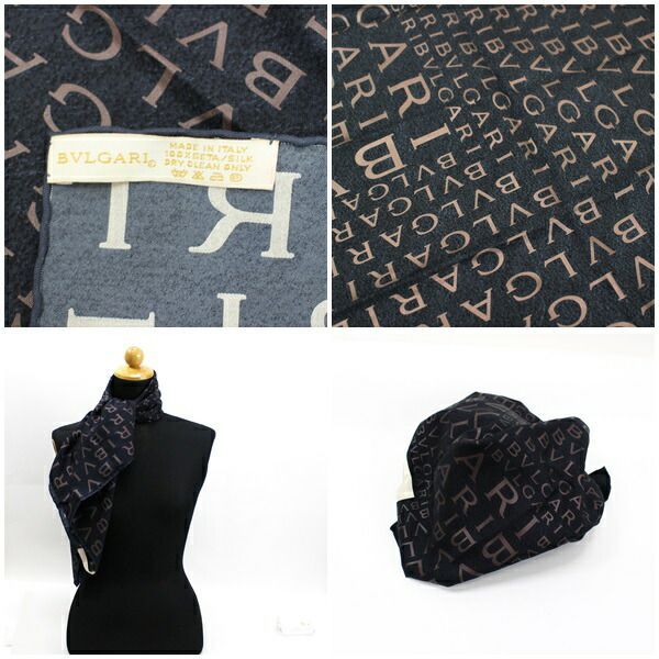 ブルガリ ロゴマニア シルク スカーフ ロゴ柄 ブラック 中古 Aランク