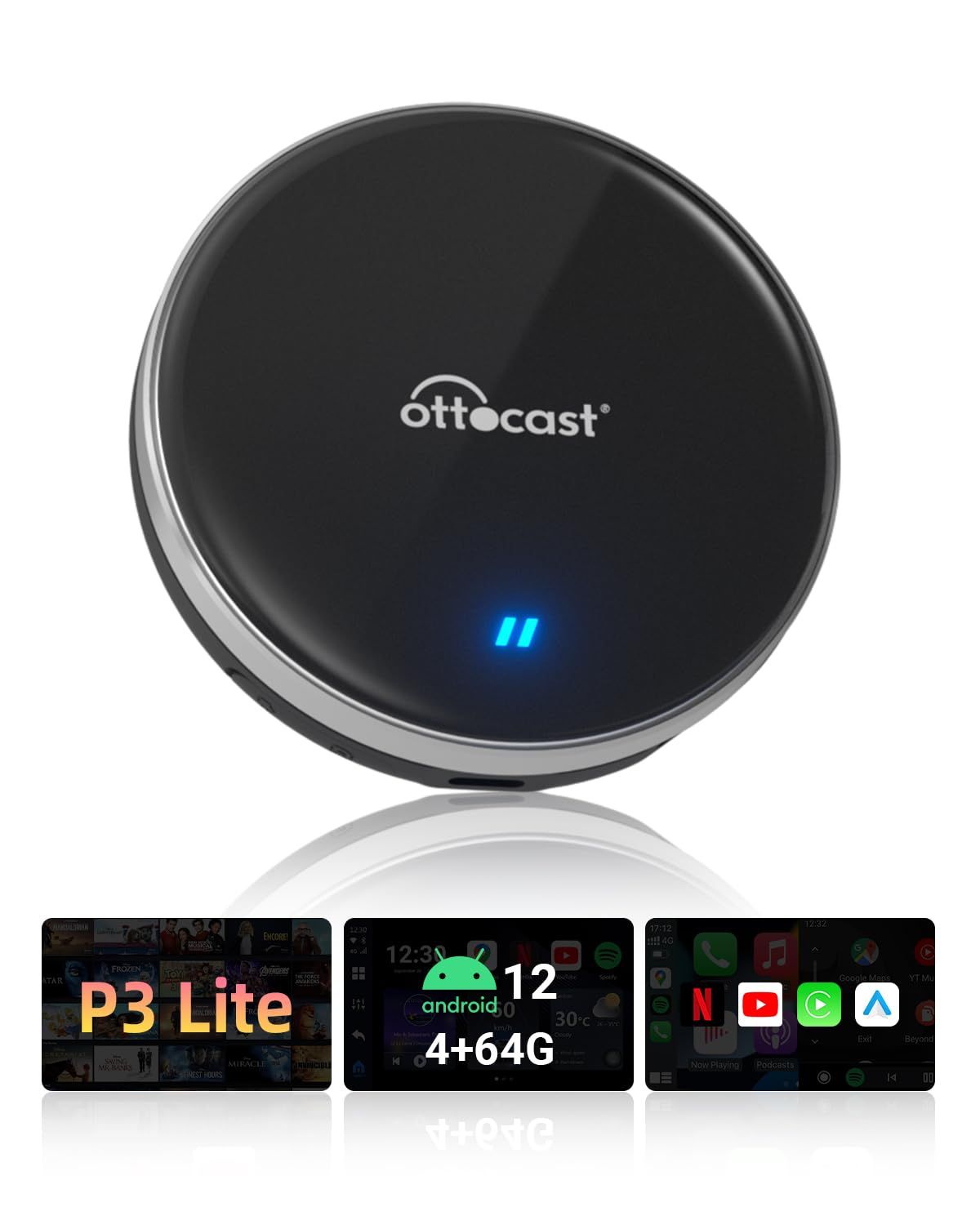公式 オットキャストOttocast OttoAibox P3 Lite CarPlay AI Box 車内でYouTube Netflix ABEMA Disney 等が観れる カープレワイヤレス化 Android AI ボックス 車載用アンドロイド端末