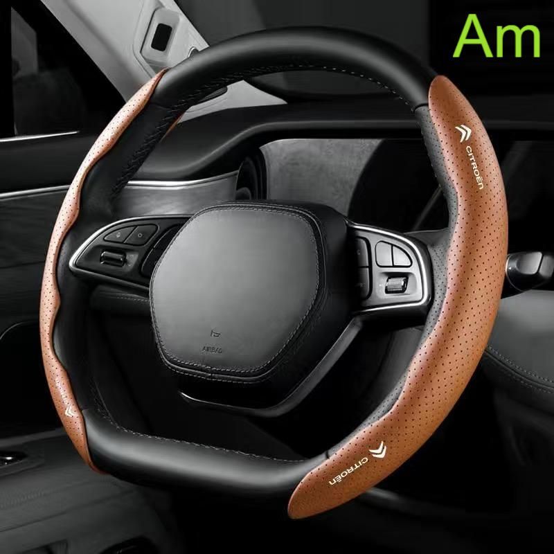 シトロエン CITROENブラウンハンドルカバー ハンドル保護 専車ロゴ ステアリングカバー レザー 滑り止め D型 O型 分割 タイプ 2本セット aacn qtm