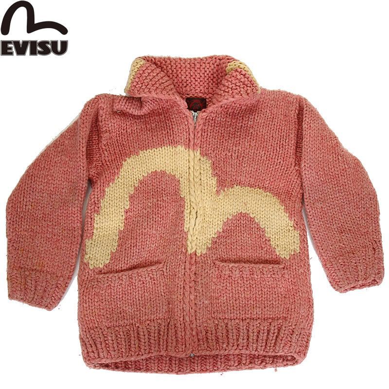 EVISU JEANS USED メンズ カウチンセーター ピンク ジップアップ