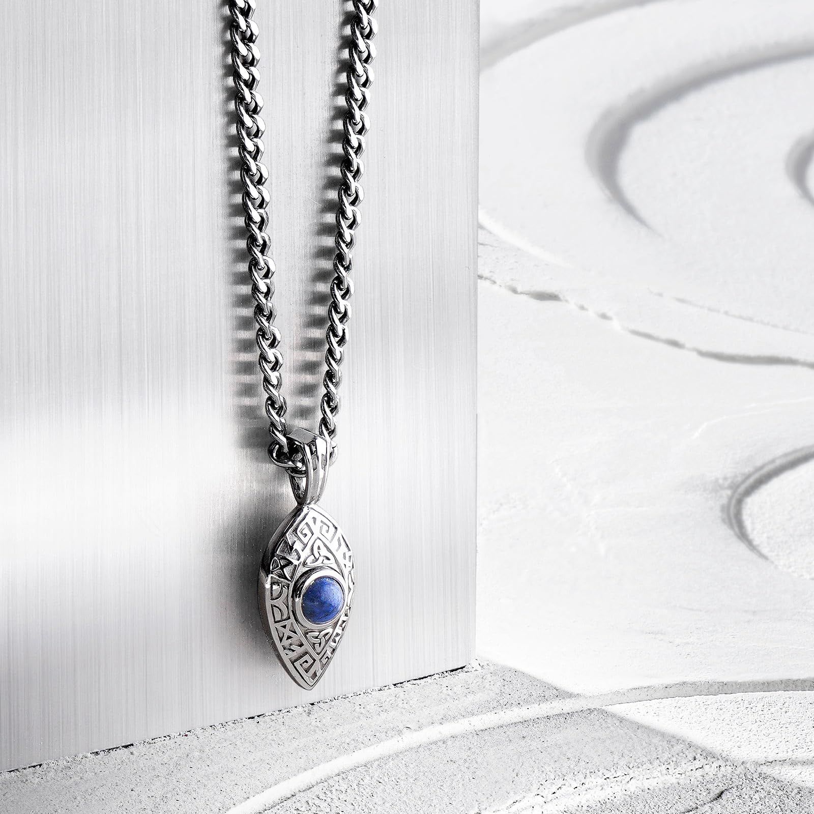 大 AWNL デュモルティエライト 移動ボールネックレススターリングシルバー刻まれたルーン天然宝石 ペンダントネックレスステンレススチールチェーン男性用ギフト 61.5CM