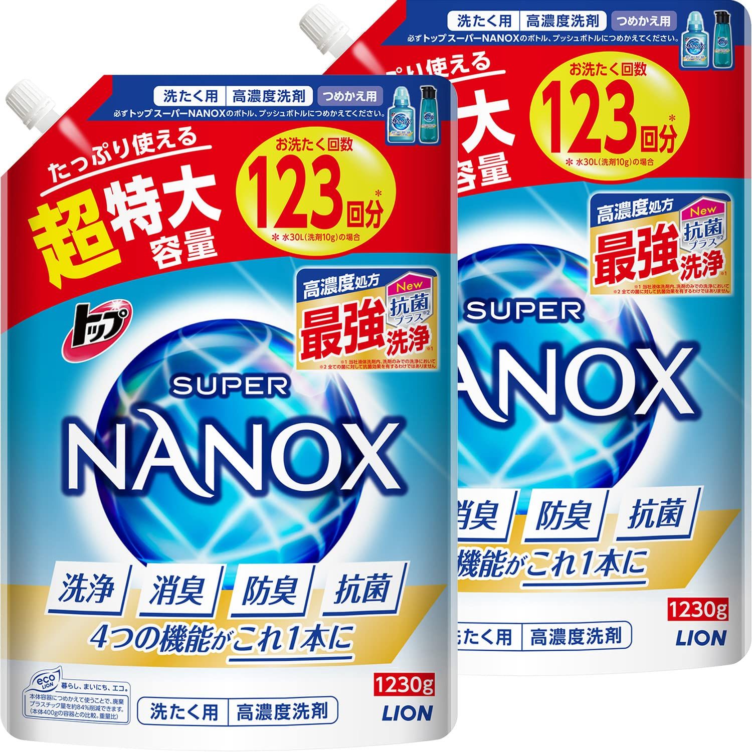 トップ ナノックス(NANOX)【まとめ買い 大容量】トップ スーパーナノックス 蛍光剤無配合 高濃度 洗濯洗剤 液体 詰め替え 超特大1230g×2個セット [1.23キログラム (x 2)]