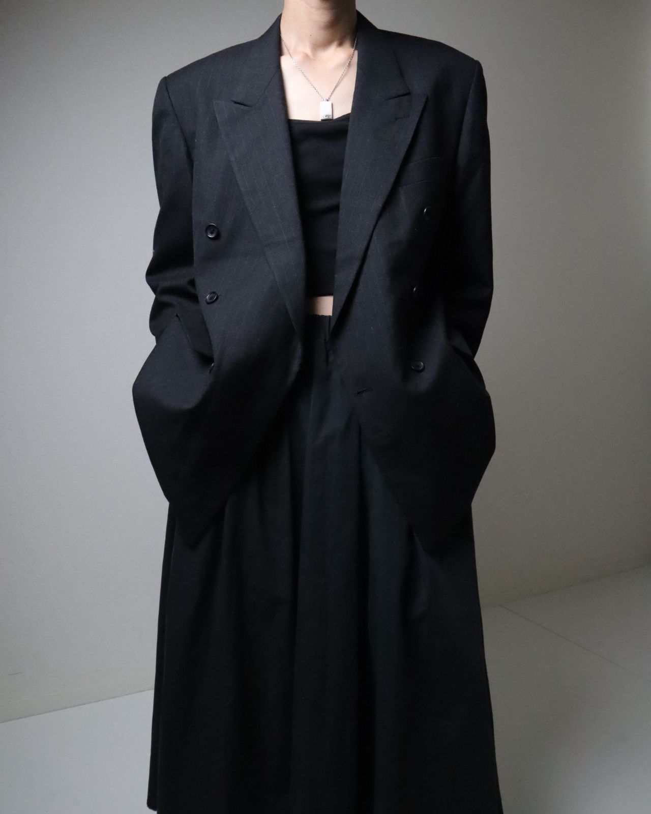 pin stripe wool double breasted tailored jacket sumikuro ピンストライプ柄 ウール ダブルブレステッド テーラードジャケット 墨黒 ダークグレー 80s 90s
