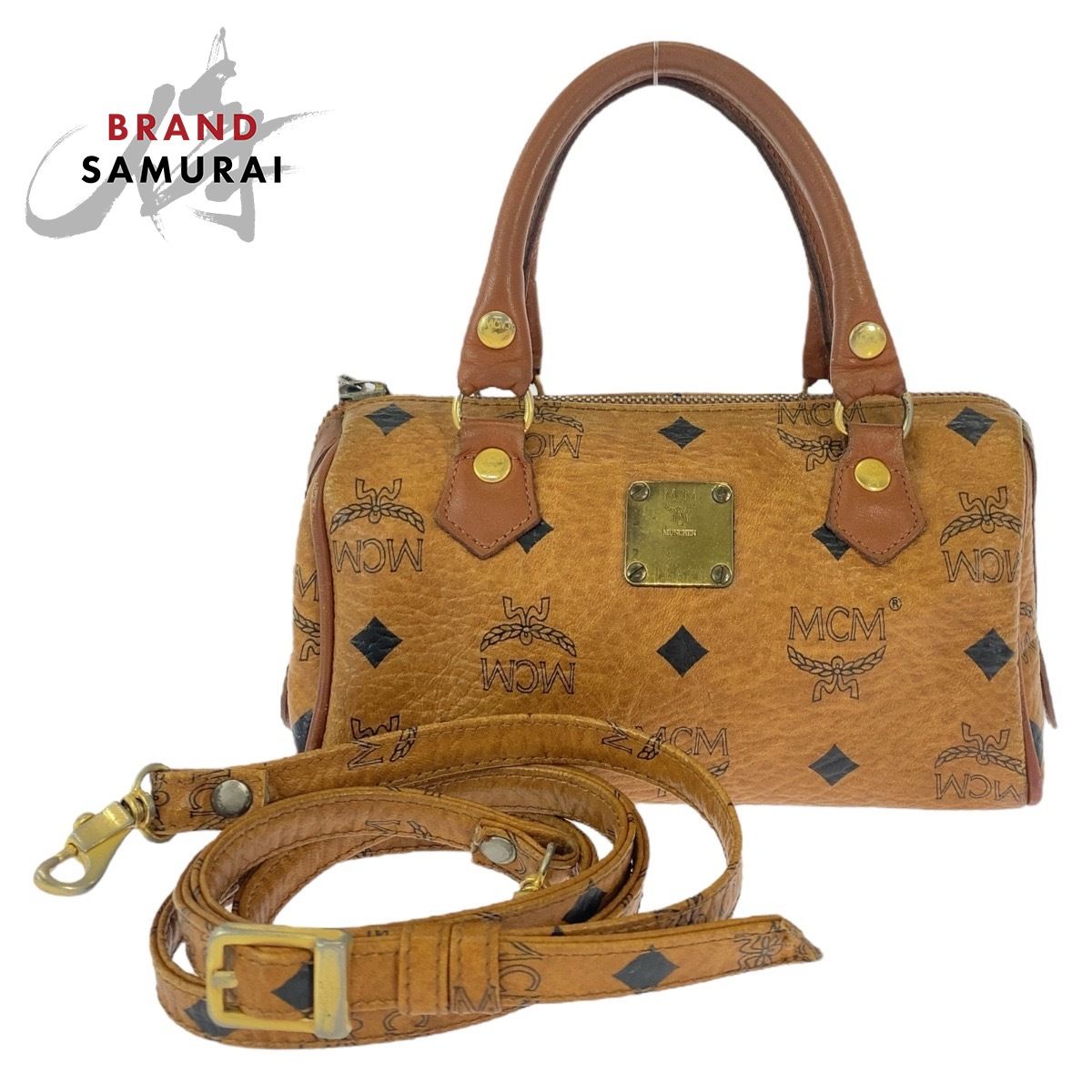 MCM エム シー エム ヴィンテージ ロゴグラム コニャック ブラウン レザー ショルダーバッグ ミニボストンバッグ ハンドバッグ 2way 407545【】