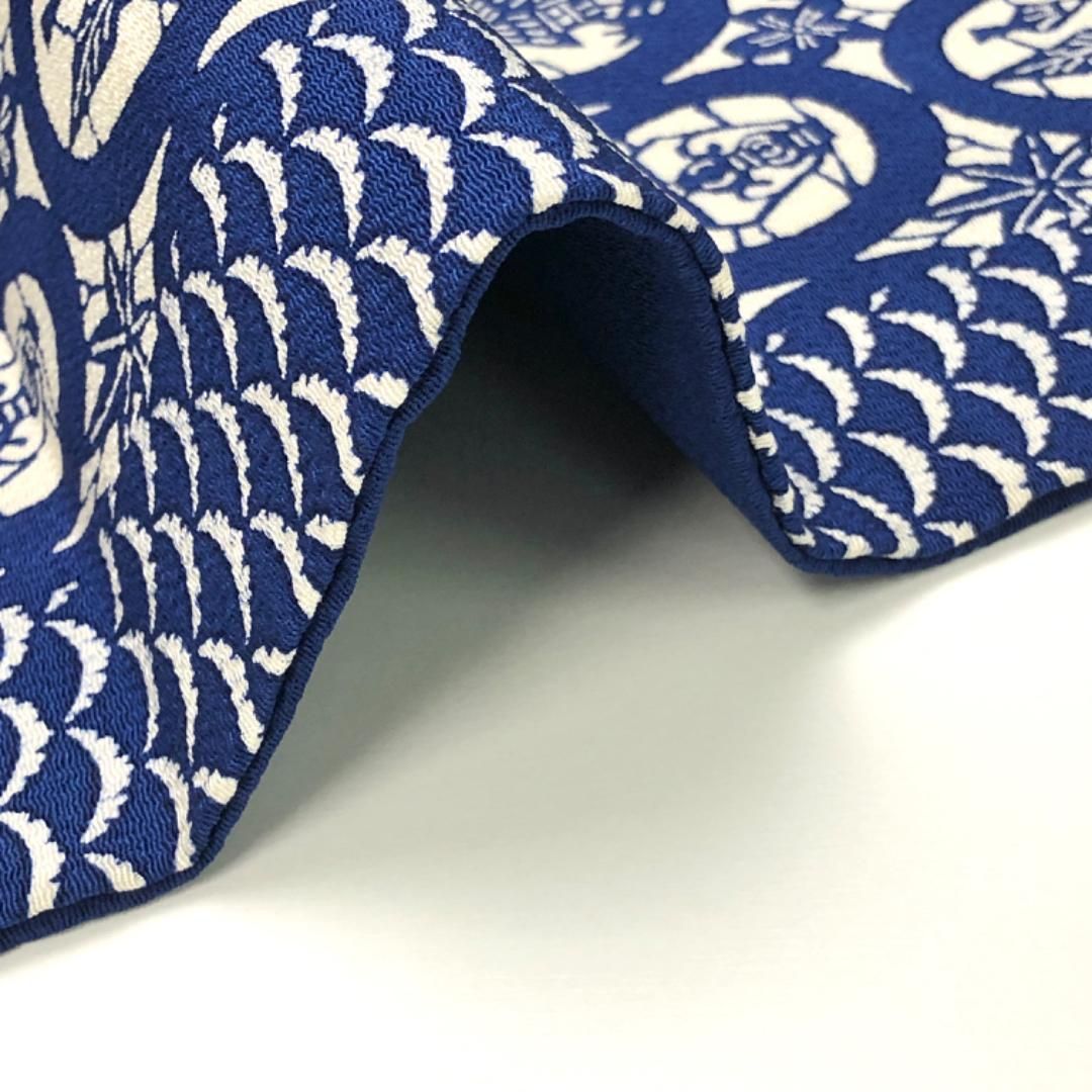 名古屋帯 型染 丸に鳥 蝶々 花草模様 雪芝 縮緬 瑠璃色 O-5133