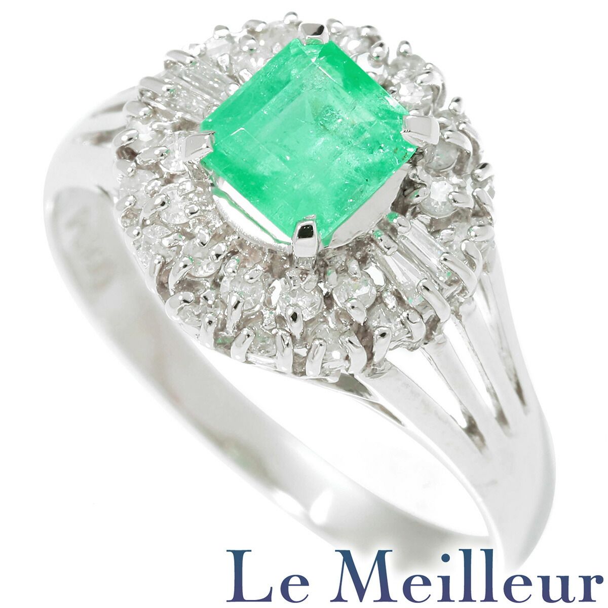 ヘイローデザインリング 指輪 エメラルド 0.51ct ダイヤモンド Pt900  