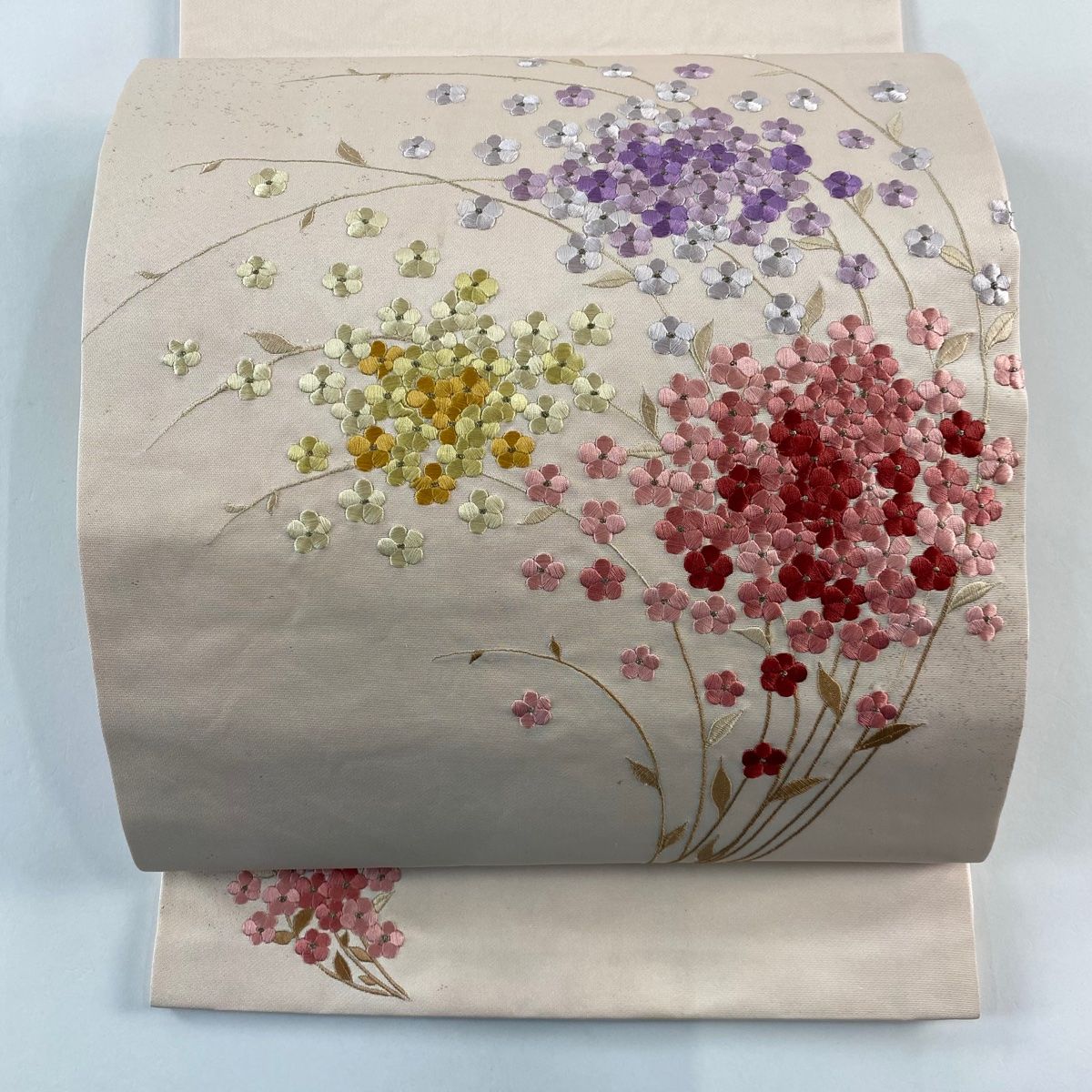 名古屋帯 美品 秀品 草花 霞 縮緬 ピンクベージュ 正絹 中古