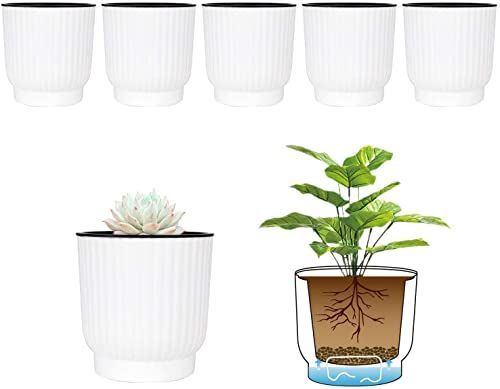 Medium_ホワイト T4U 12CM プラスチック製 自己給水 プランター 植木鉢 ポット現代風装飾 家庭植物/多肉/花植物/ハーブ/サボテン 適用 ホワイト ６点セット