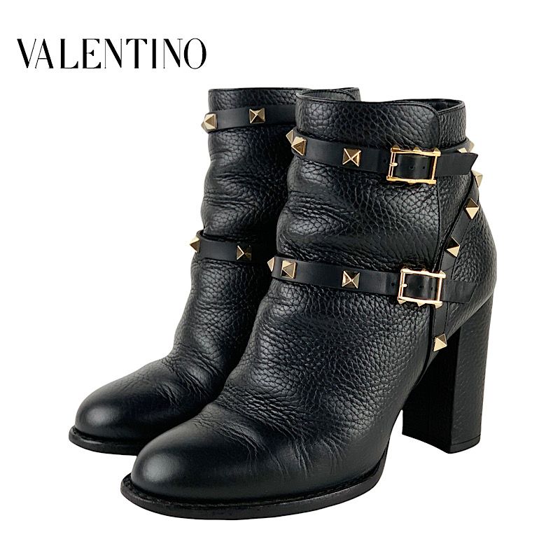 ヴァレンティノ VALENTINO ブーツ ショートブーツ 靴 シューズ レザー ブラック ゴールド ロックスタッズ ベルト - メルカリ