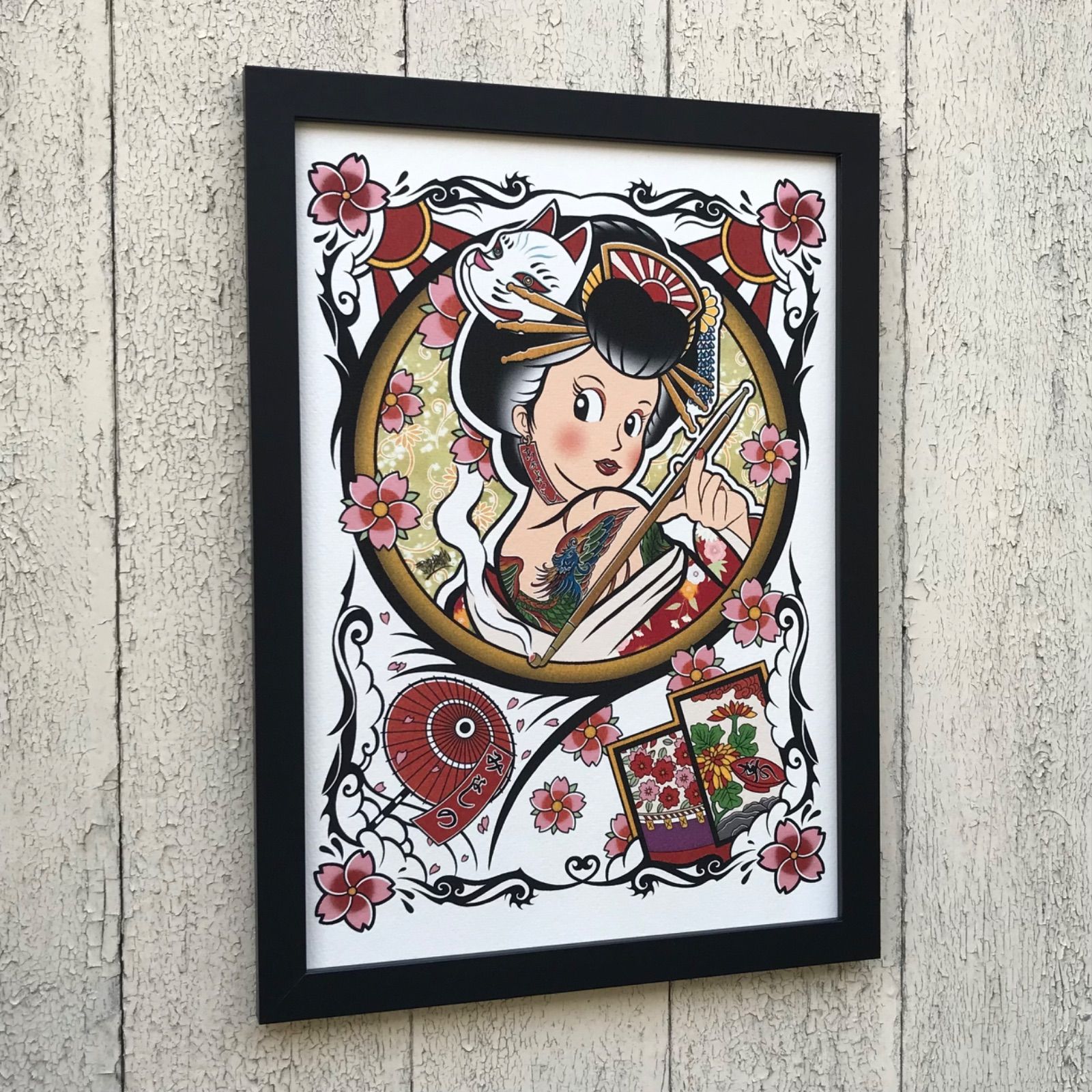 尾九 吉祥画 花魁 花札 花見で一杯 A4サイズ フレーム付き