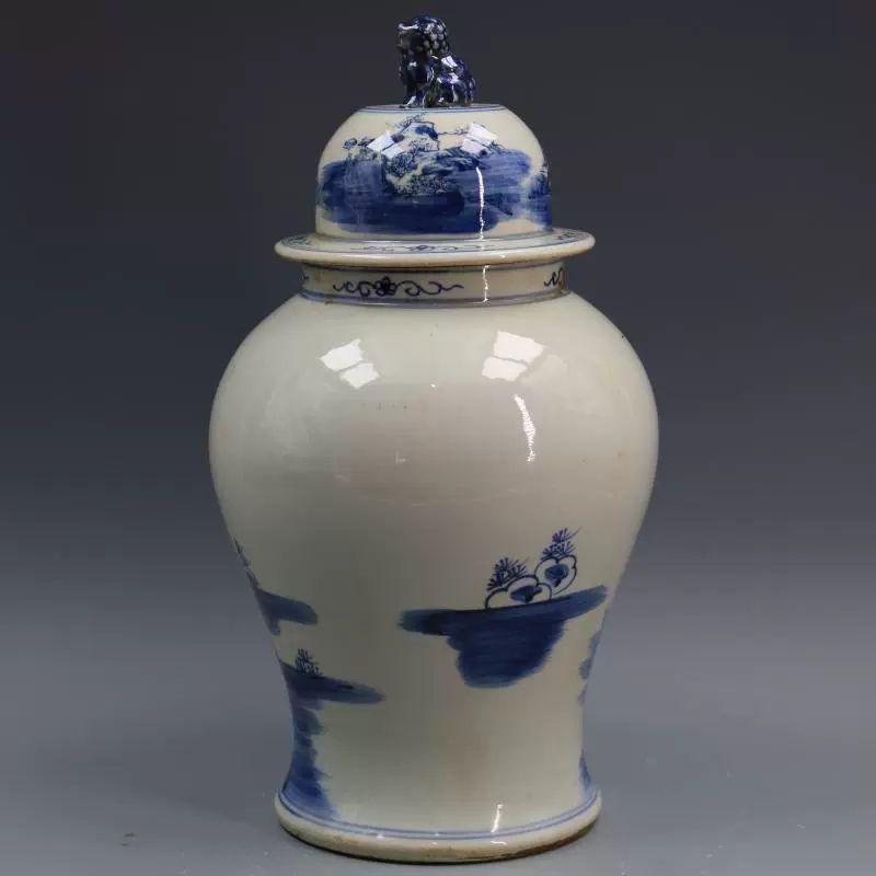 清康熙鯖山水人物獅子頭将軍缶 景徳鎮 陶磁器 装飾品 現代工芸品