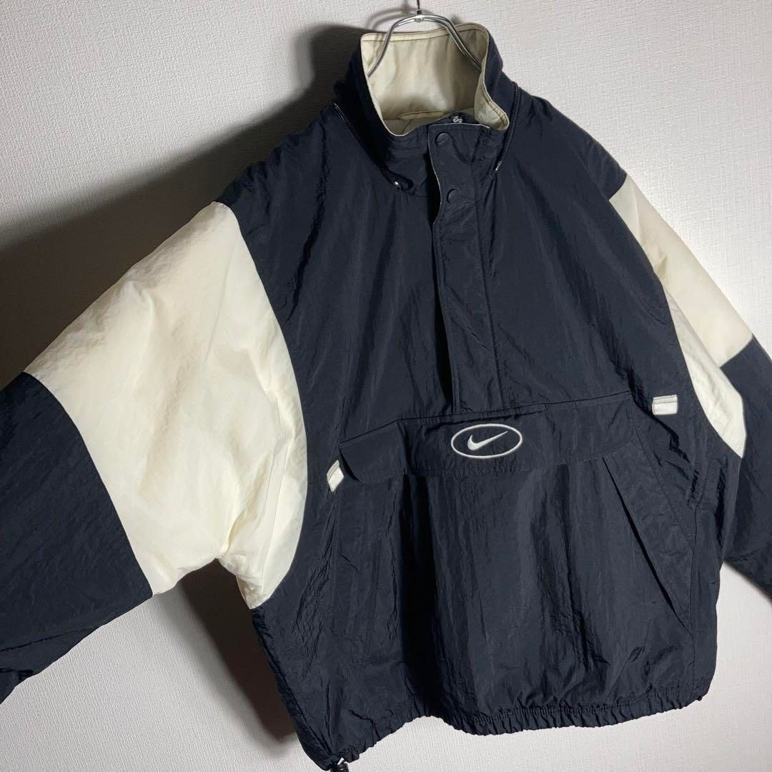 90s NIKE ナイロンジャケット ハーフジップ 肉厚 刺繍ロゴ 黒 L