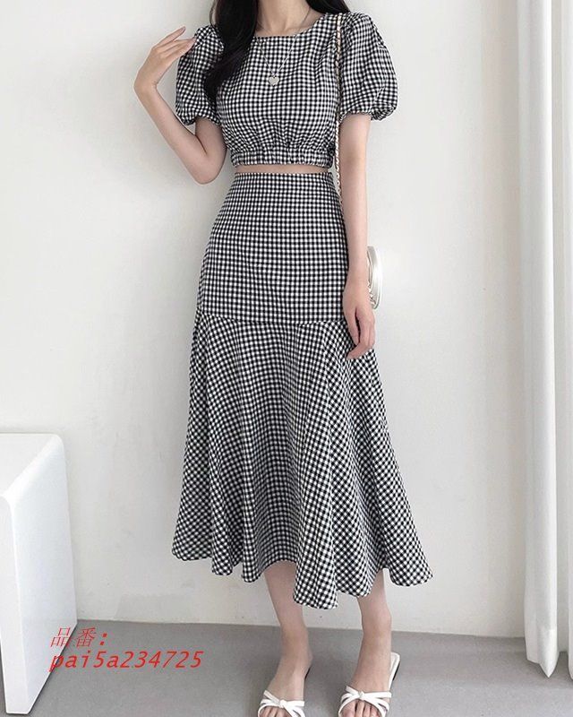 セットアップ レディース ロングスカート トップス 2点セット ギンガムチェック ミモレ丈 リゾートファッション トップス 半袖 スカート ショート丈 pai5a234725