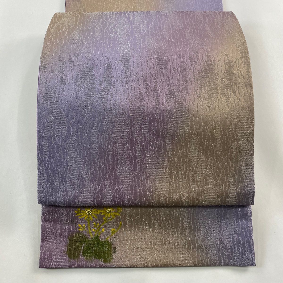 袋帯 美品 名品 花菱 笹 金糸 刺繍 紫 六通 正絹 【中古】 袋帯 秀品 蜀江文 花菱 刺繍 金銀糸 灰紫 六通 正絹 中古 袋帯