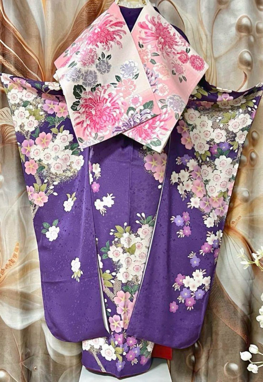 紫色 蝶 刺繍 振袖 着物 ヴィンテージ バタフライ ヴィンテージスタイル ワインレッド/紫 牡丹柄 上品振袖ネット