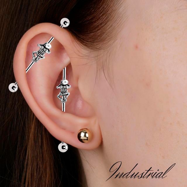 インダストリアル ピアス 14G 2WSY 立体 スカル 骸骨 ゴシック