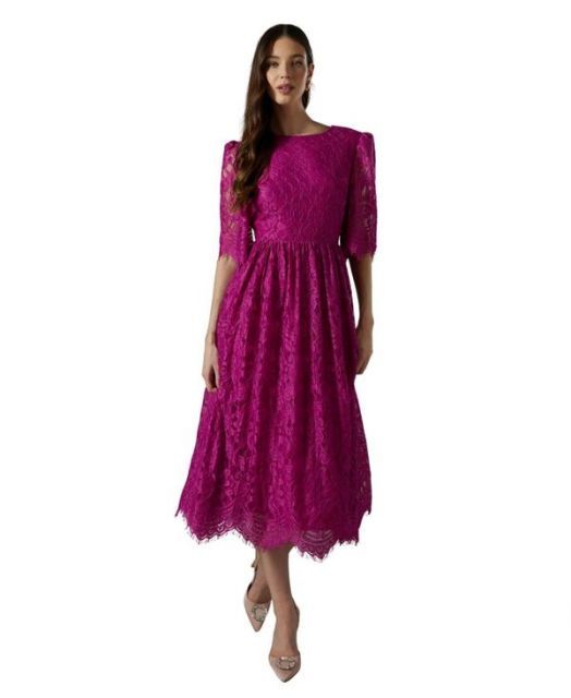 送料無料 コースト レディース ワンピース トップス Women s Lace Short Sleeve Midi Dress Magenta