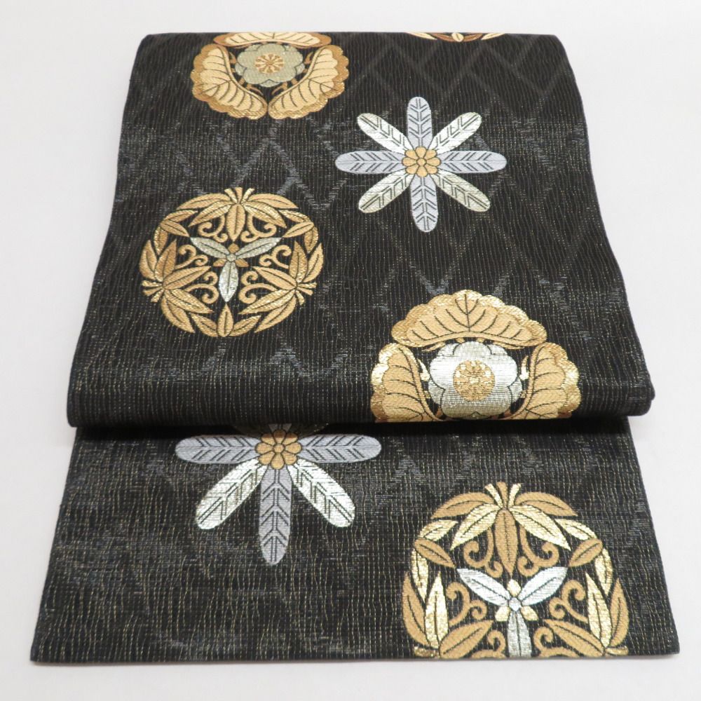 西陣織 袋帯 正絹 じゅらく黄金繭 家紋柄 すくい織り 金糸 六通柄 黒色 礼装 フォーマル 仕立て上がり 長さ440cm 【キモノオフ野々市若松店】 西陣織 袋帯 正絹 じゅらく黄金繭 家紋柄 すくい織り 金糸 六通柄 黒色