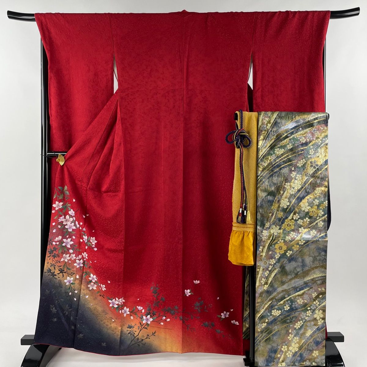 振袖 身丈162cm 裄丈70cm L 袷 袋帯フルセット やまと 枝花 青海波 金彩 染分け 赤 正絹 秀品