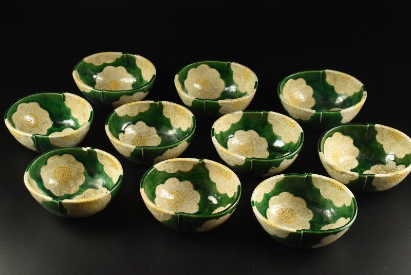 蔵A3767a 中村梅山 乾山写 青楽花図 向付 十客