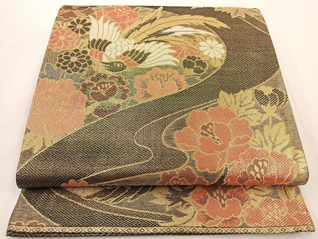 平和屋着物◎佐賀錦 六通柄袋帯 鳳凰花文 佐賀錦織 黒地 金銀糸