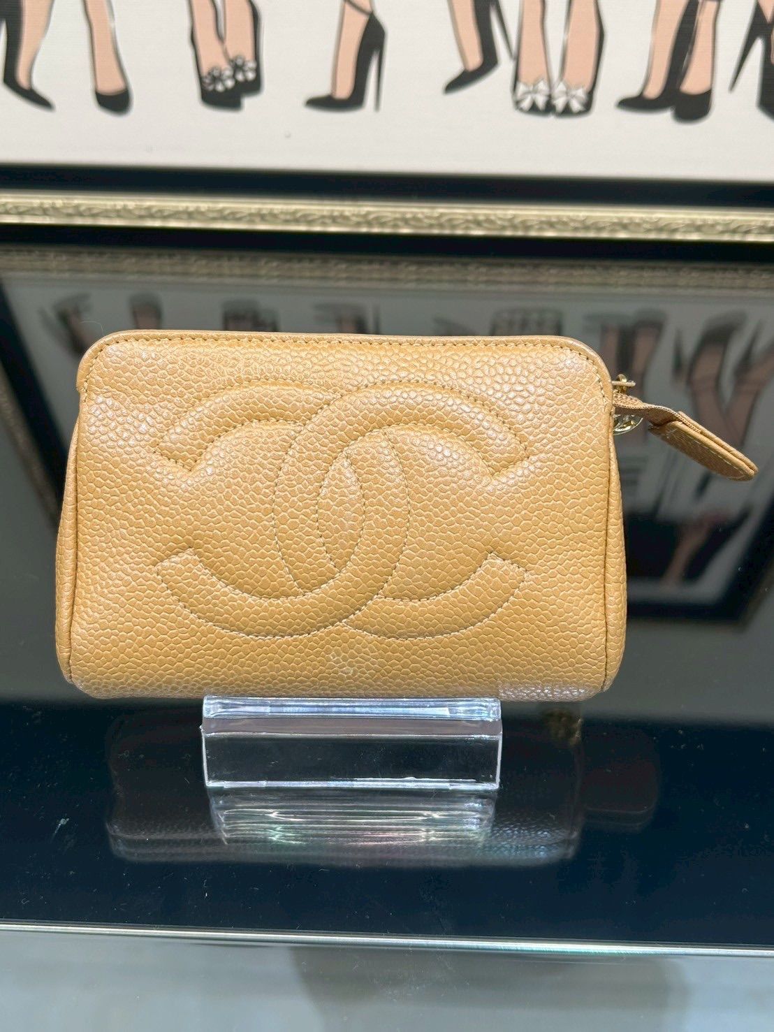 シャネル CHANEL キャビアスキン ココマーク ポーチ キャメル