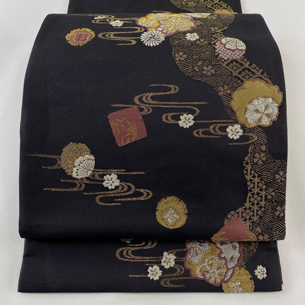 メルカリ便 ハナタイロ ちとせ 袋帯 美品 名品 やまと 桜 霞 金銀糸 箔 濃紫 六通 正絹 【中古