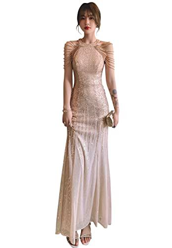 EightSTAR Dress パーティードレス イブニングドレス ロング丈 大人 ディナーショー ピアノ発表会 ワンピース マーメイド 二次会 花嫁 スパンコール 20代 30代 XL シャンパンベージュ