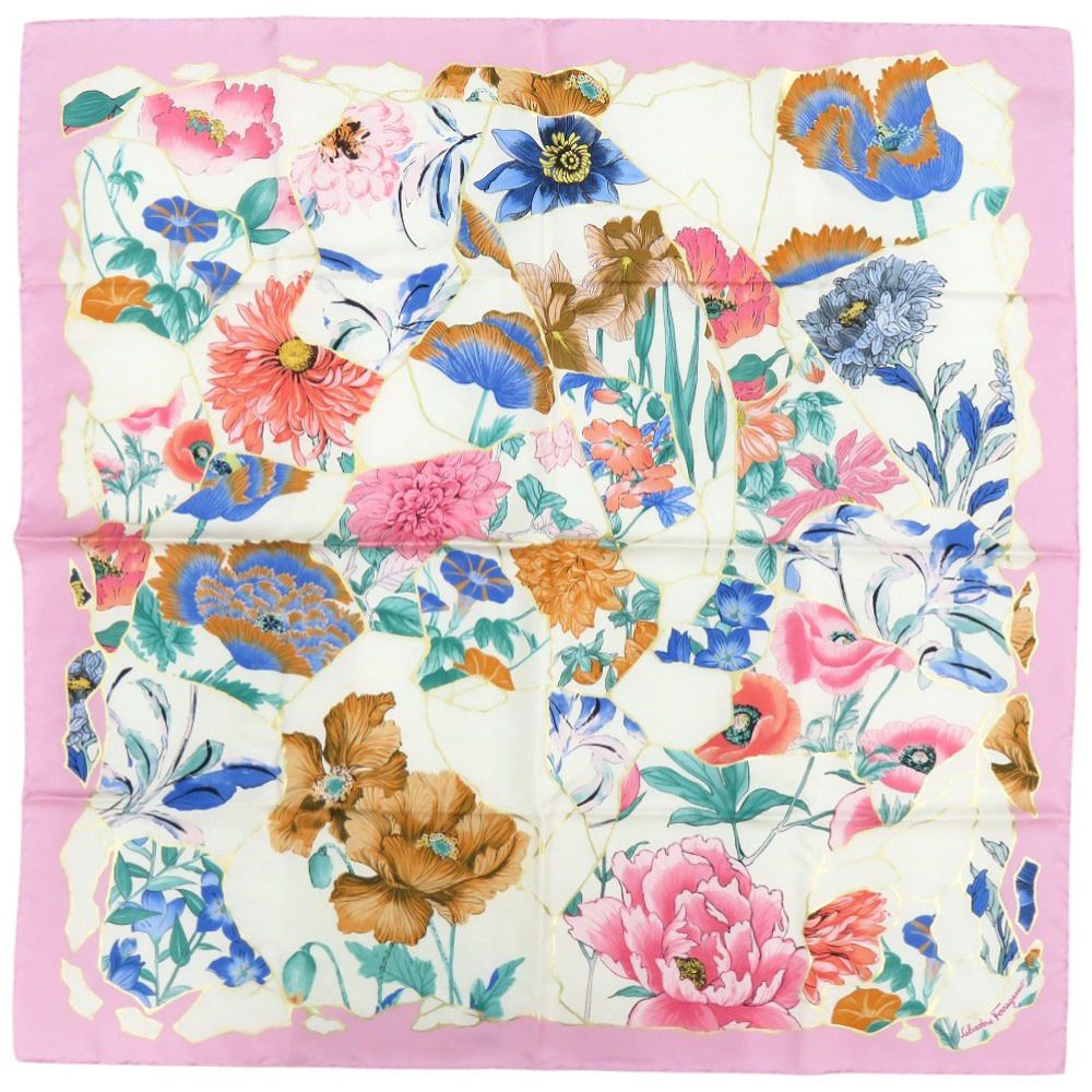 ♥品 サルヴァトーレフェラガモ 花柄 シルク マルチカラー スカーフ 0075 Salvatore Ferragamo
