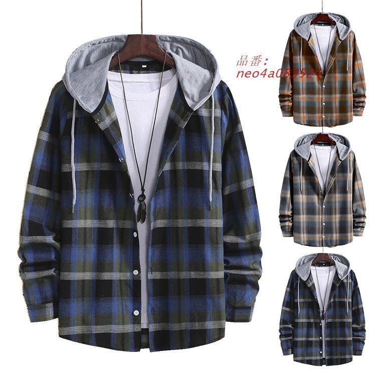 メンズ 開襟 トップス スウェットフーディ チェック柄 カジュアル 秋 長袖 秋服 