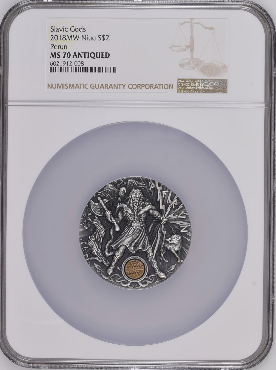 Perun Slavic Gods $2 Silver 2oz coin 2018 Niue NGC MS70 ANTIQUED