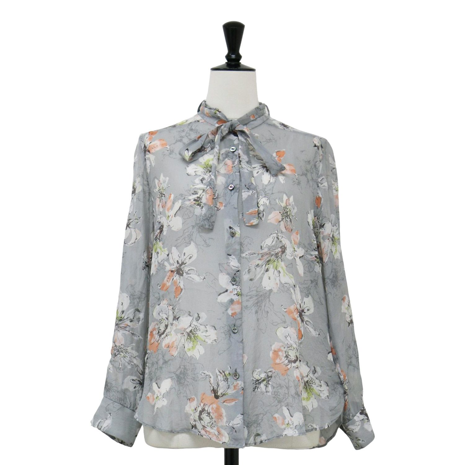 TOMORROWLAND collection トゥモローランド コレクション シャツ グレー系 サイズ 36 9号 | シルク フラワープリント ボウタイ シャツ | 長袖 花柄 シアー | トップス ブラウス レディース