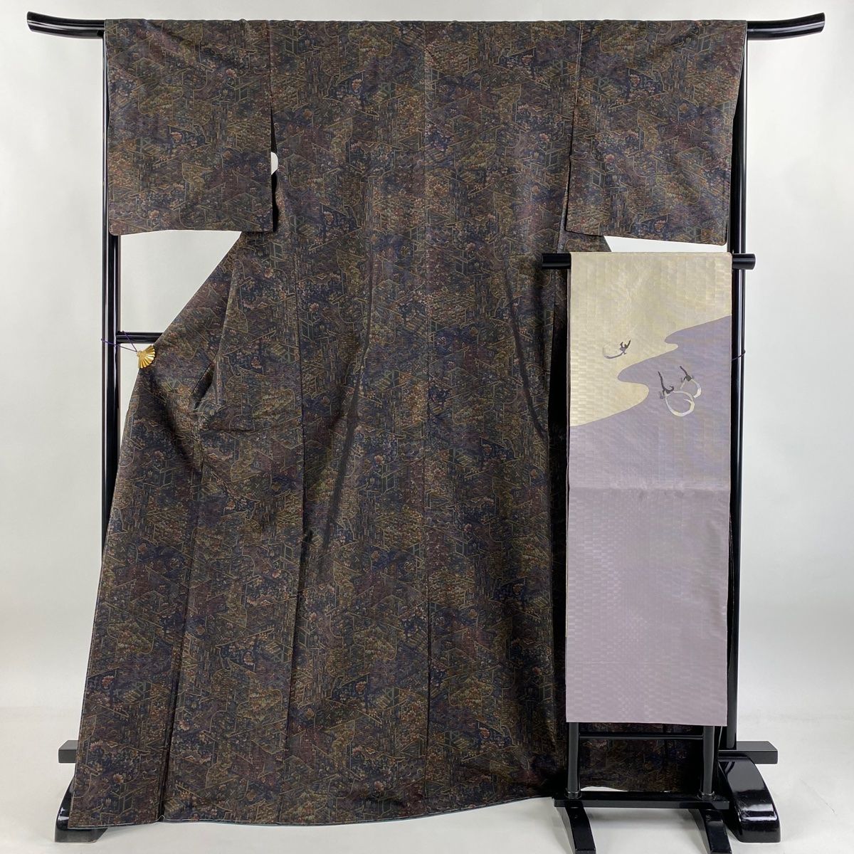 大島紬 身丈171.5cm 裄丈66cm M 袷 名古屋帯セット 証紙 花唐草 幾何学模様 茶紫 正絹 秀品