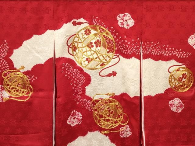 祝い着女子供 産着熨斗目着物 正絹綸子地 鶴の地織り柄にぼかし染め T67 祝い着女子供 産着熨斗目着物 正絹綸子地 鶴の地織り柄