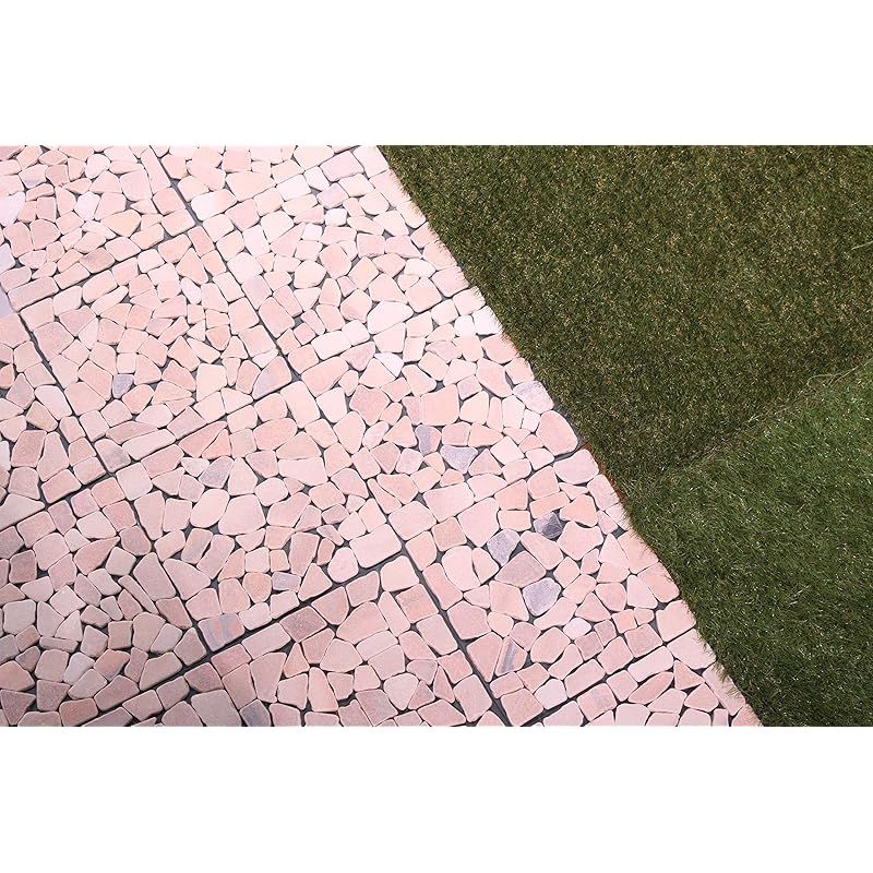 リビングアウト Living Out 天然石マット 30×30cm 6枚セット ピンク タイル 石畳 敷石 防草シート 庭石 DIY 洋風 防草マット 雑草対策 ガーデン 敷くだけ 置くだけ 0