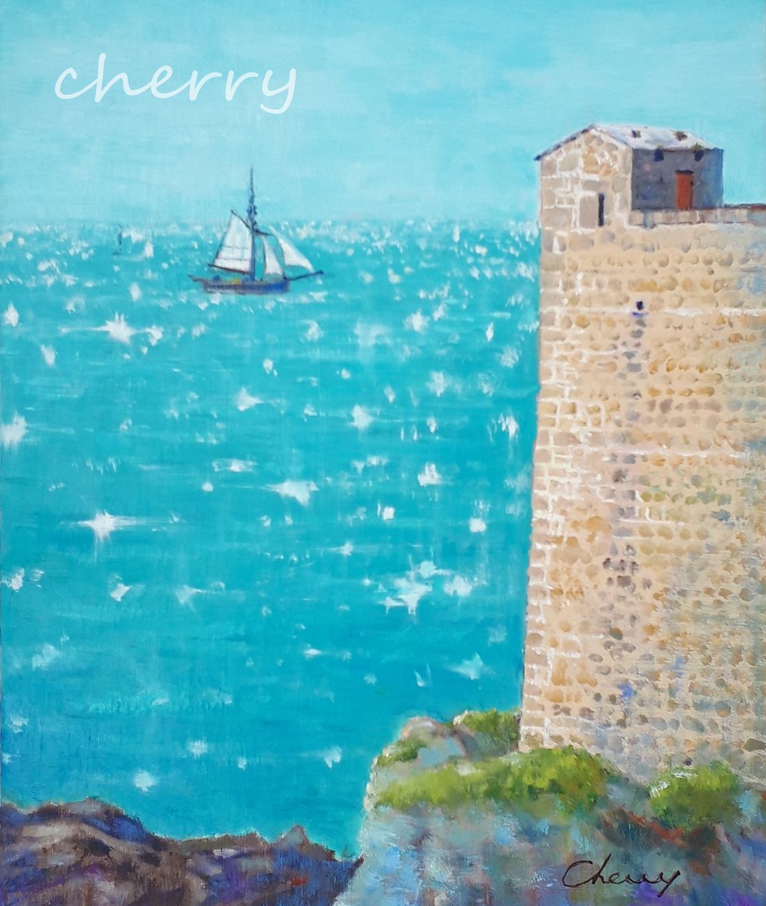 一点物 城壁の街の海 油絵 F3号 油彩 油画 絵画 インテリアアート