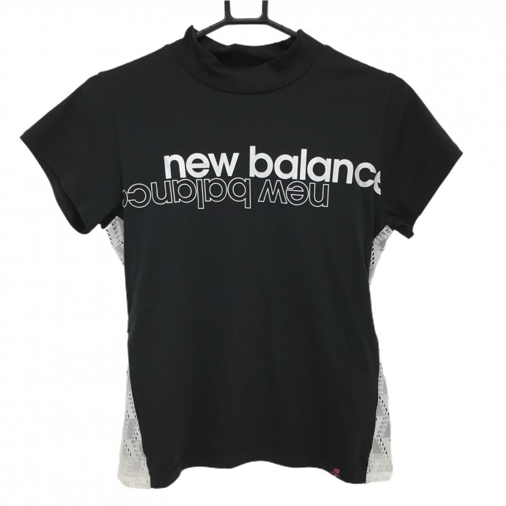 値下げ【美品】ニューバランス 半袖ハイネックシャツ 黒 後レース生地 ロゴシルバー レディース 1(M) ゴルフウェア New Balance